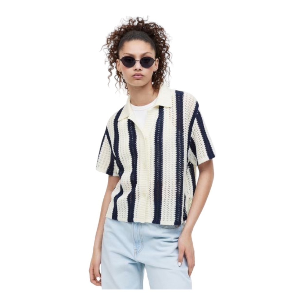 H&M Cream and Navy Striped Short-Sleeve Knit Cardigan - Picture 16 of 16